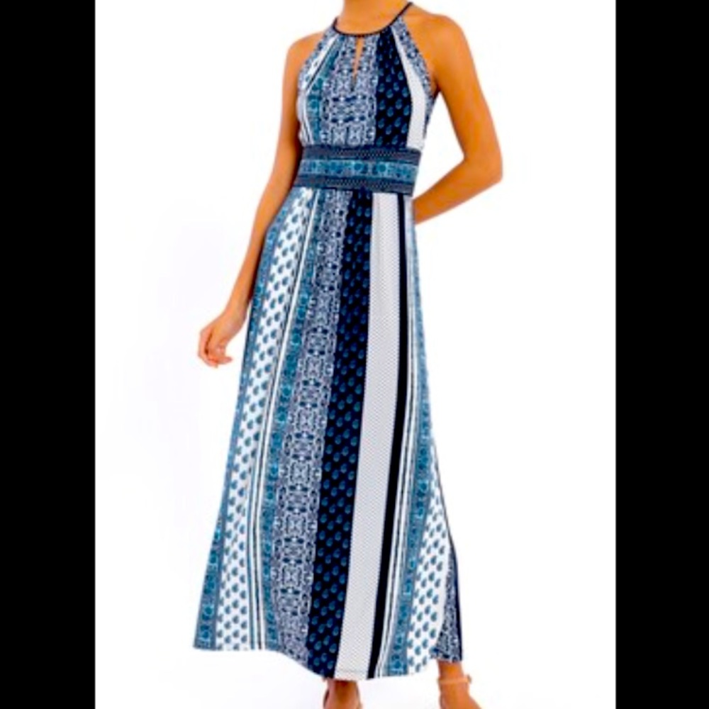 NWT London Times Striped Print Holter Dress Navy, blue, white boho lightweight 8